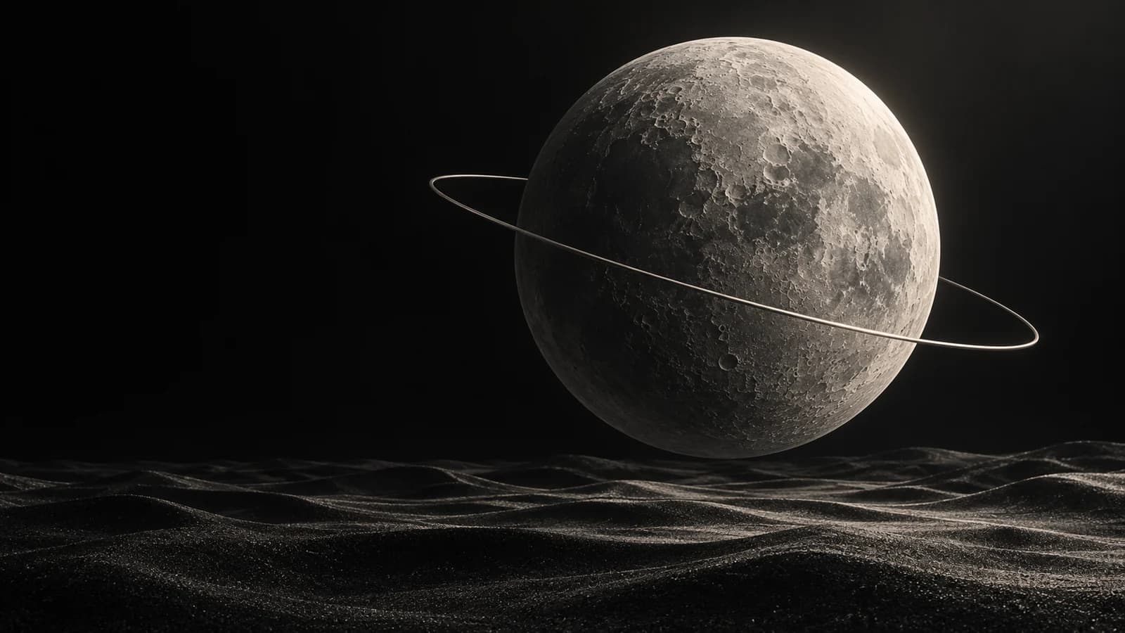 Silver lunar sphere suspended over a dark landscape